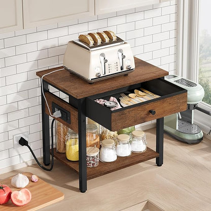 Printer Stand with Charging Station, 2-Tier Under Desk Printer Table, Side Table with Storage Shelves for Home Office, Living Room, Bedroom, Bathroom, Brown
