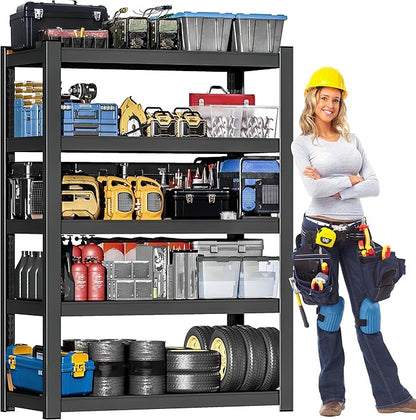Shelving Units and Storage, 3000LBS Garage Storage Shelves, 5 Tier Shelving Unit, Steel Industrial Shelving, Adjustable Standing Shelf for Garage, Home, Warehouse 71" H x 47" W x 20" D, Black
