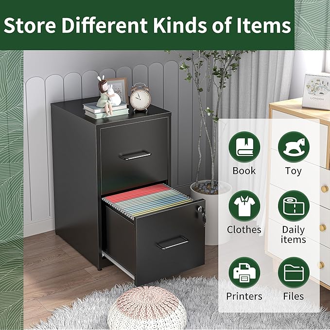 2 Drawer File Cabinet,Vertical Filing Cabinets for Home Office,Metal Steel Storage Cabinet for Letter/Legal Size File,Assembly Required(Black)