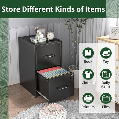 2 Drawer File Cabinet with Lock, Vertical Filing Cabinet for Home Office, Heavy Duty Storage Cabinet for Letter Size, Assembly Required(Black)