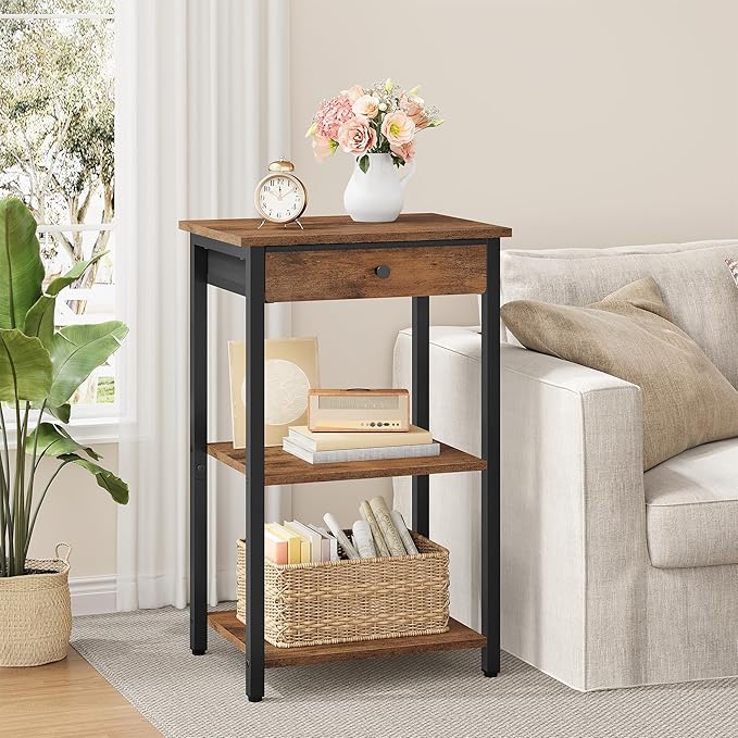 Printer Stand with Storage Drawer, 3-Tier Under Desk Printer Table, End Table for Home Office, Living Room, Bedroom, Brown