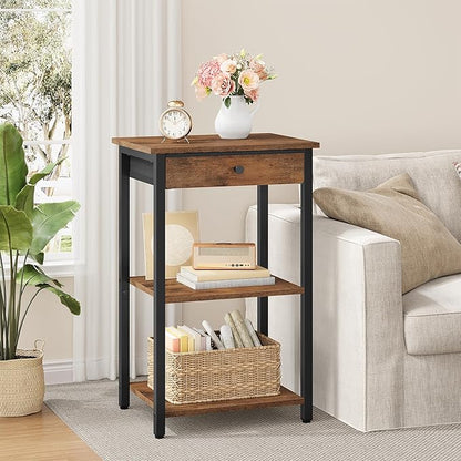 Printer Stand with Storage Drawer, 3-Tier Under Desk Printer Table, End Table for Home Office, Living Room, Bedroom, Brown