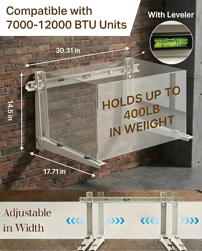 Heavy Duty Mini Split Wall Mounting Bracket for Outside, 400lb Load Capacity, Galvanized Carbon Steel, Dual Anti-Rust Coating, Leveling Bar, Anti-Vibration Pads, Fits 7000–12000 BTU AC Units