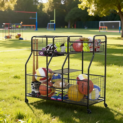Garage Sports Equipment Organizer with Wheels - Ball Storage Rack with Elastic Rope or Wire Mesh,Garage Organizer System,Indoor/Outdoor Sports Rack for Sports Gear and Toys Storage,Black