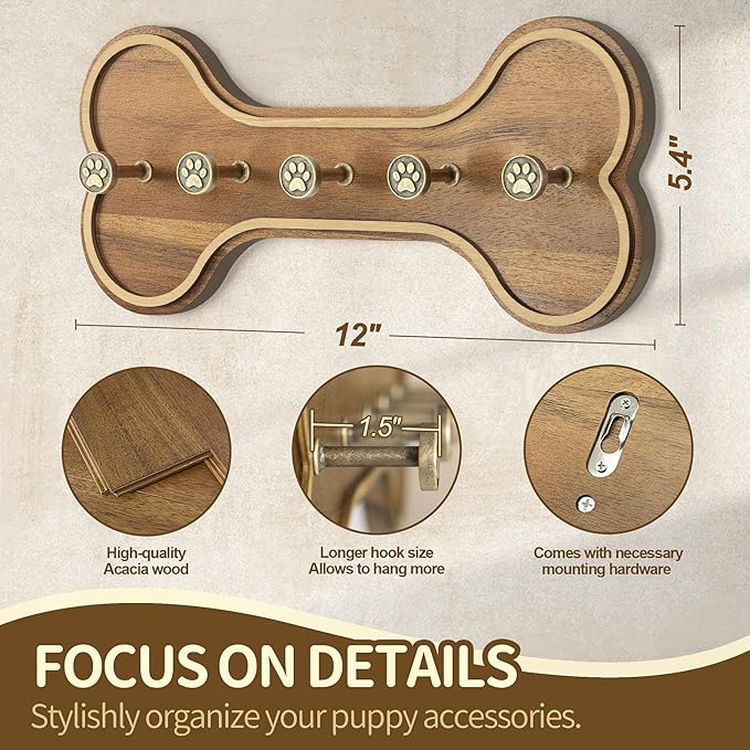 MTERSN Farmhouse Dog Leash Holder for Wall – Dog Stuff Organizer and Dogs Bone Key Holder Wall Mount with 3D Puppy Paw Hooks - Cute Stuff for Pet Lover Gifts (Acacia Wood)
