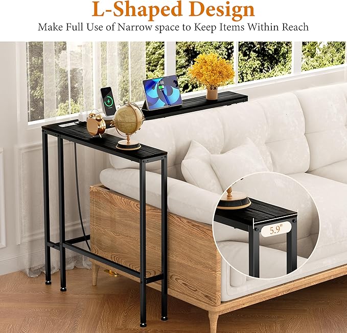 GRLEAF L Shaped 70" Narrow Console Sofa Table with Built-in Power Strip (2 AC Outlets & 2 USB Ports) – 4.9ft Power Cord, Metal Frame, Easy Assembly, Ideal for Behind Couch, Hallway (Black, 70IN)