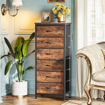 Huuger 43.3 Inch Tall Dresse for Bedroom, 6 Drawer Dresser & Chests of Drawers, Fabric Dresser for Closet, Bedroom, Night Stand, End Table with Metal Frame, Storage Tower, Rustic Brown