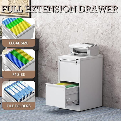 File Cabinet, 2 Drawer File Cabinet with Lock, Steel Vertical Filing Cabinets for Home Office, Heavy Duty File Storage Cabinet for Legal/Letter/A4 Documents, Easy to Assemble, White