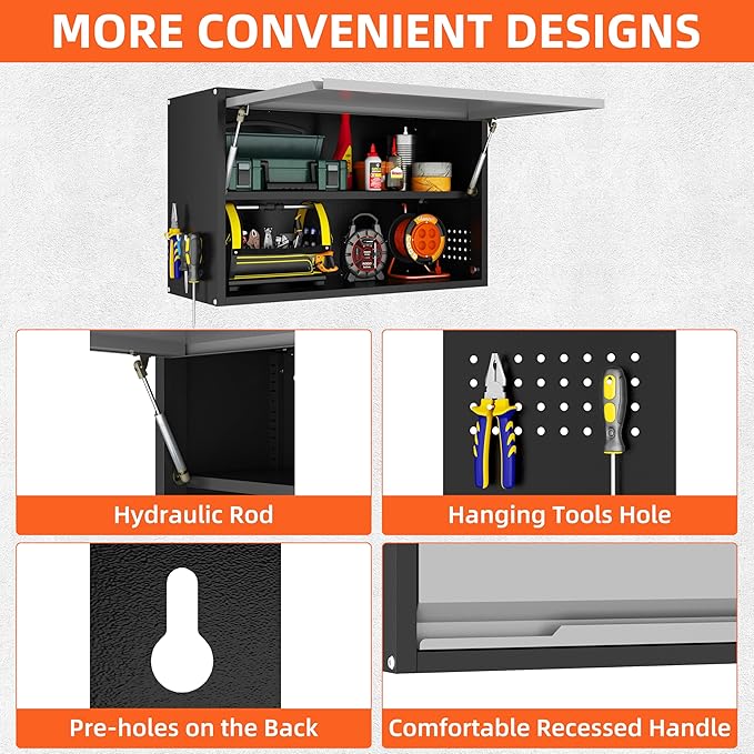 Garage Wall Cabinet, Floating Metal Wall Cabinet with Up-Flip Door and Shelves,19.7''H Hanging Wall Mounted Storage Cabinet for Garage, Warehouse, Workshop, RV