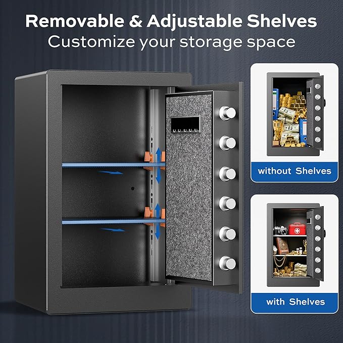 Large Steel Safe Box 3.0 Cuft for Home with LED Light, 6 Locking Bolts Electronic Safe Fireproof with Removable Shelves & Smart Alert, Digital Safe with Fireproof Bag for Document Hotel Office