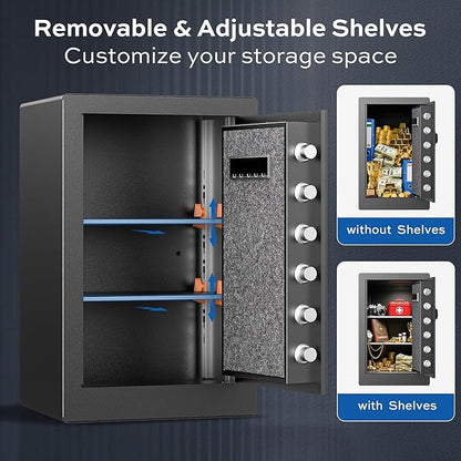 Large Steel Safe Box 3.0 Cuft for Home with LED Light, 6 Locking Bolts Electronic Safe Fireproof with Removable Shelves & Smart Alert, Digital Safe with Fireproof Bag for Document Hotel Office