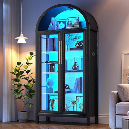 Display Cabinet with Glass Doors, 5-Tier Tall Curio Cabinet with LED Lights Display Case for Collectibles, Black