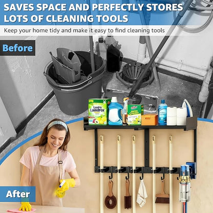 Broom Holder Wall Mount, 27" Large Mop and Broom Organizer Wall Hanging with Top Storage Shelf & Vacuum Hook, Heavy Duty Iron Utility Rack for Laundry Room, Garage, Kitchen, Garden - Black