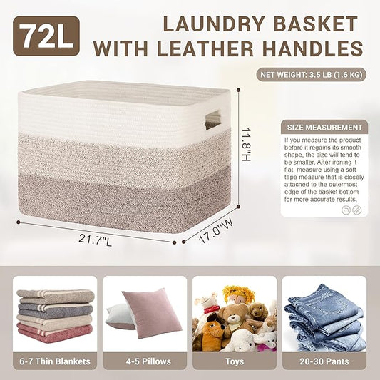 72L Large Laundry Basket with Leather Handles for Living Room Storage, Woven Rope Baskets Bin for Blanket, Kids Toy, Gifts, Wicker Hamper for Bedroom Dirty Clothes, 22"x17"x12" Gradient Brown