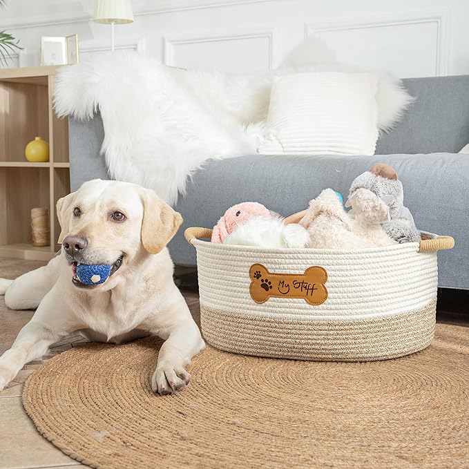 Dog Toy Basket - Cotton Rope Dog Toy Bin With Handle - Cute Woven Pet Toy Box - Perfect Toy Basket For Pets - Storage Baskets For Organizing - Toy Box For Dogs