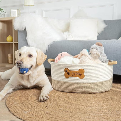 Dog Toy Basket - Cotton Rope Dog Toy Bin With Handle - Cute Woven Pet Toy Box - Perfect Toy Basket For Pets - Storage Baskets For Organizing - Toy Box For Dogs