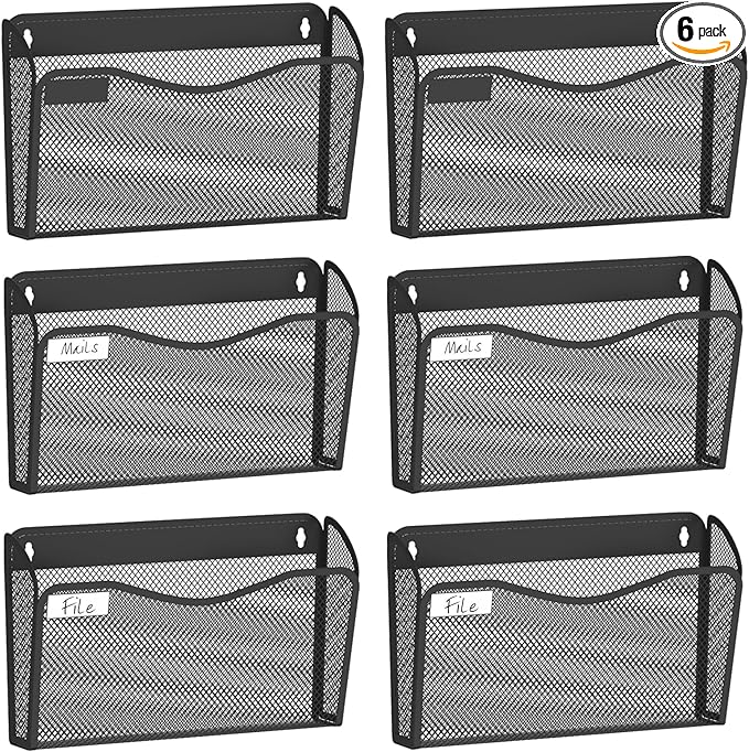 Wall File Organizer, Mesh Hanging File Organizer, Home Office Organization and Storage, 6 Single Pockets Document Magazine Rack