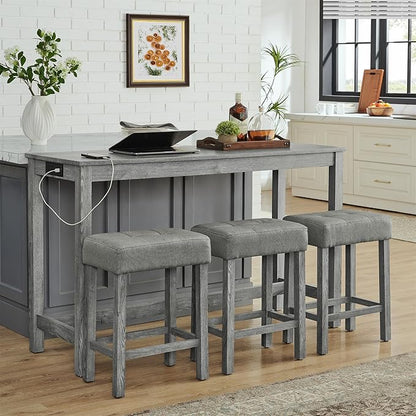 59" Power Outlet Mid Century Console Table, Slim Console Table with Solid Wood Frame, Long Narrow Console Tables for Living Room & Kitchen, Grey