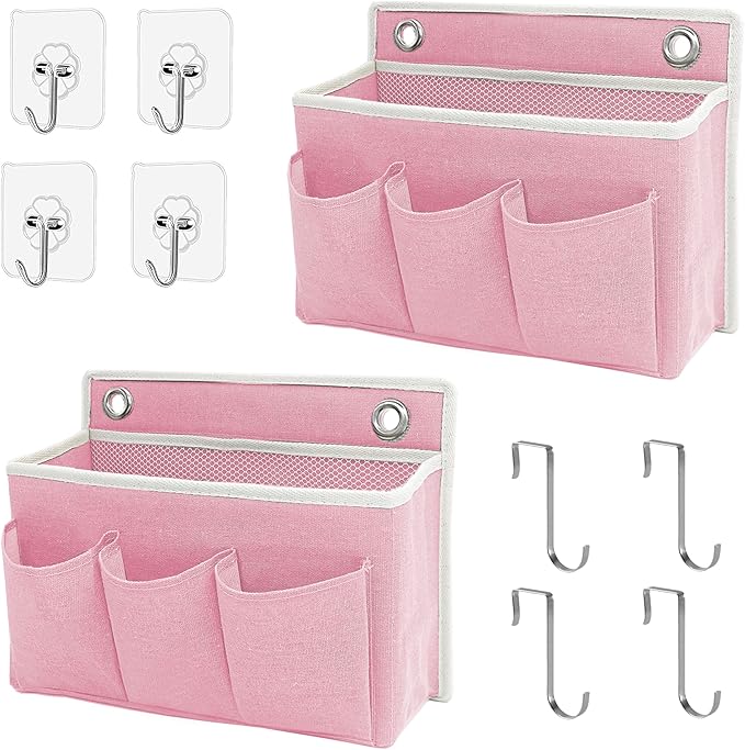 2-Pack Wall Hanging Organizer Bag/Hanging Baskets with Large Mesh Compartment & 3 Pockets，Over the Door Hanging Organizer Space Saving Storage for Bedroom,RV Camper, Closet (Pink -2 Pack)