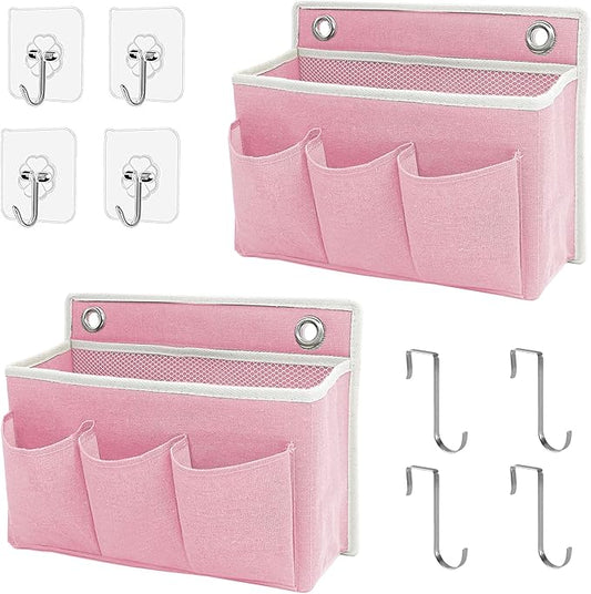 2-Pack Wall Hanging Organizer Bag/Hanging Baskets with Large Mesh Compartment & 3 Pockets，Over the Door Hanging Organizer Space Saving Storage for Bedroom,RV Camper, Closet (Pink -2 Pack)