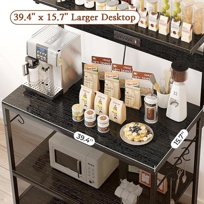 SUPERJARE Bakers Rack with Power Outlets, Microwave Stand, 39.4 X 14.3 Inch Larger Desktop, Kitchen Storage Rack with Adjustable Middle Shelf, 6 S-Shaped Hooks, Coffee Bar Stand, Black