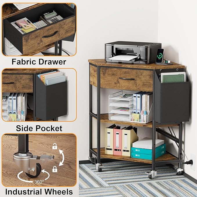 YAOHUOO Corner Printer Stand, Corner Table with Power Outlet/Storage Fabric Drawer，Printer Cart for Home Office with Height Adjustable Shelf/Side Pocket, Rustic Brown