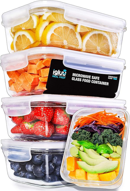 Igluu Meal Prep Glass Containers with Air Vent Lids (5 Pack+Extra Lid) – Airtight & BPA-Free – Oven, Microwave, Freezer and Dishwasher Safe – 28oz – Durable Borosilicate Glass
