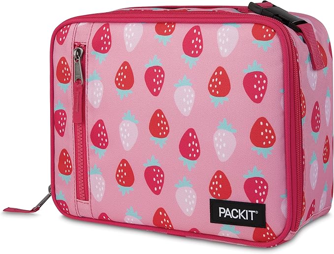 PackItFreezable Classic Lunch Box, Sweet Strawberry, Built with EcoFreezeTechnology,Collapsible, Reusable, Zip Closure With Zip Front Pocket and Buckle Handle, Designed for Fresh Lunch On the Go
