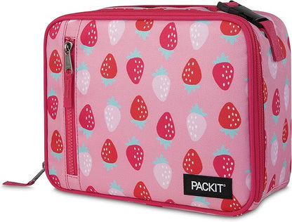 PackItFreezable Classic Lunch Box, Sweet Strawberry, Built with EcoFreezeTechnology,Collapsible, Reusable, Zip Closure With Zip Front Pocket and Buckle Handle, Designed for Fresh Lunch On the Go