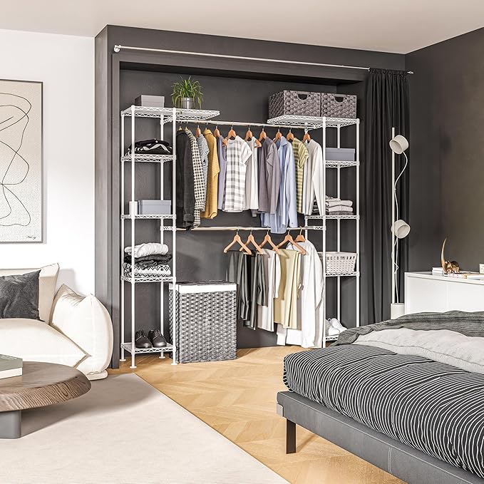 Seville Classics Closet Garment Organizer with Metal Hanging Rod Wardrobe Storage System, w/ Steel Shelves for Clothes, Shirts, Jackets, Coats, Blankets, Shoes, White, Expandable Rack