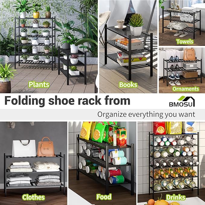BMOSU 3-Tier Bamboo Shoe Rack Premium Stackable Shoe Shelf Storage Organizer for Hallway Closet Living Room Entryway Organizer (Black Bamboo)