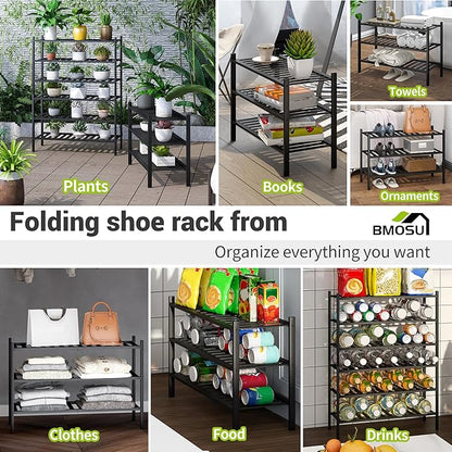 BMOSU 3-Tier Bamboo Shoe Rack Premium Stackable Shoe Shelf Storage Organizer for Hallway Closet Living Room Entryway Organizer (Black Bamboo)