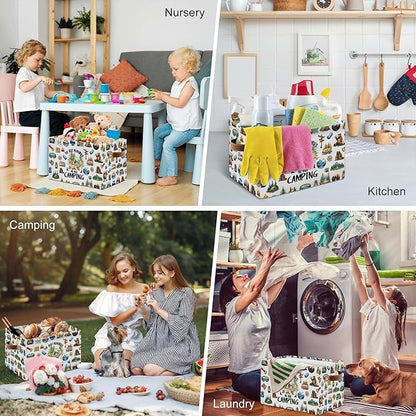 Camping Rectangle Storage Basket - Camping Themed Collapsible Storage Baskets with Handles - Camp out in the Wild Storages Bin for Kids Clothes, Gifts, Books, Toys