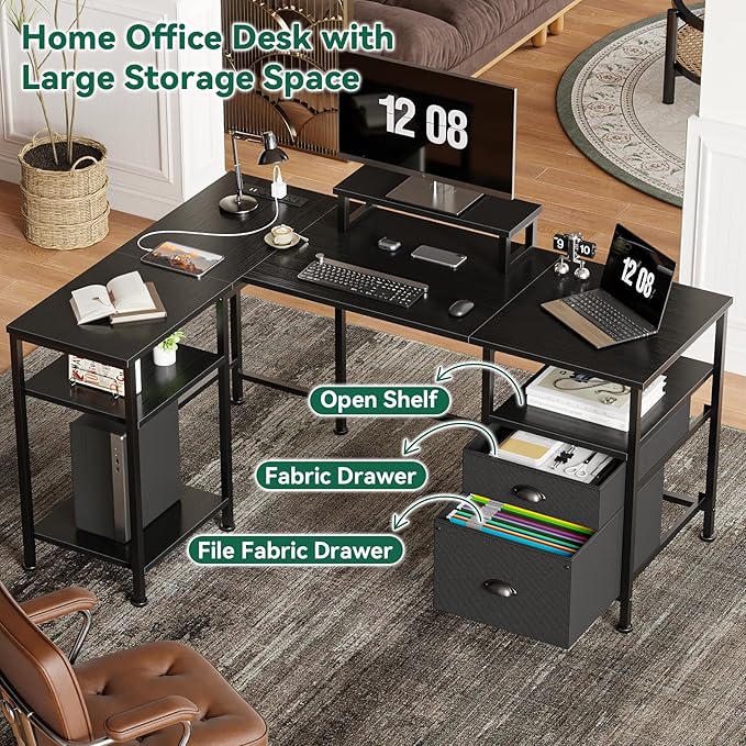 Furologee L Shaped Computer Desk with Power Outlet, Reversible Home Office Desk for Work Study, 50 Inch Corner Gaming Table with File Drawer, Monitor Stand, Storage Shelves, Black