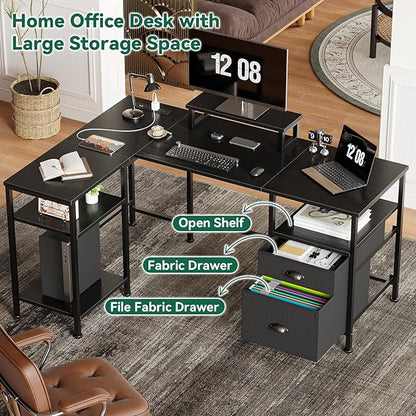 Furologee L Shaped Computer Desk with Power Outlet, Reversible Home Office Desk for Work Study, 50 Inch Corner Gaming Table with File Drawer, Monitor Stand, Storage Shelves, Black