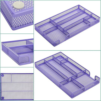 Annova Desk Drawer Organizer Tray for Office Organization - Metal Mesh - Storage Tray with Dividers for Pens, Desktop Accessories, Bathroom, Kitchen, Makeup and Office Supplies (Small, Purple)