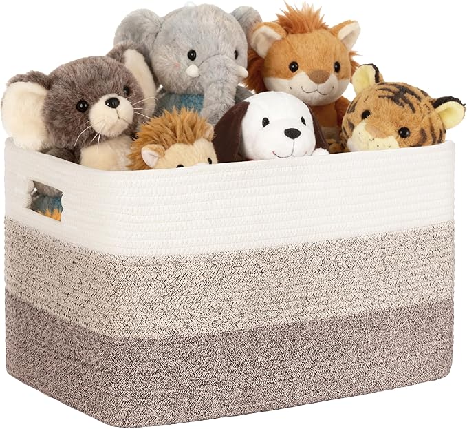 60L Laundry Basket with Leather Handles for Living Room Storage, Woven Rope Baskets Bin for Blanket, Kids Toy, Gifts, Wicker Hamper for Bedroom Dirty Clothes, Gradient Brown