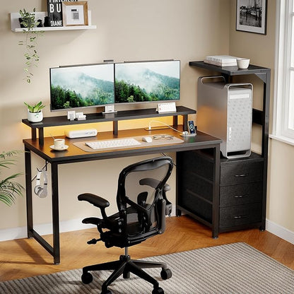 DUMOS L Shaped Gaming Desk with Shelves Storage Drawers 52'', Black Computer Desks with LED Lights Power Outlets, Office Wood Table with PC Stand Cable Management for Bedroom Dual Monitor Streaming