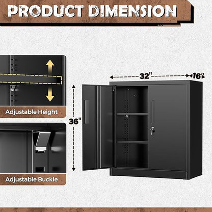 INTERGREAT Steel Storage Cabinet with Lock, Lockable Metal Storage Cabinets with 2 Adjustable Shelves, Black Counter Height Garage Cabinet