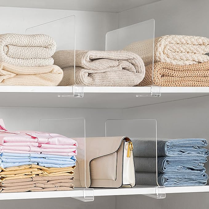 HBlife 12 Inches Tall [Extra Tall Version] Clear Shelf Dividers, 4 Pack Purse Organizer for Closet Perfect for Sweater, Shirts, Handbags in Bedroom and Kitchen, Acrylic Bookshelf for Organization