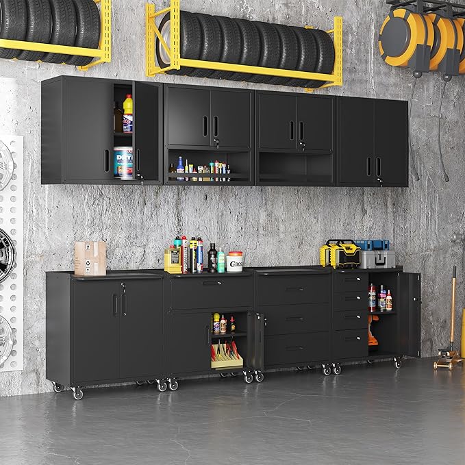 Black Garage Storage Cabinets System 8PCS Workshop Set with Drawers Locking Heavy Duty Rolling Cart with Adjustable Shelves Garage Tool Workbench Cabinets