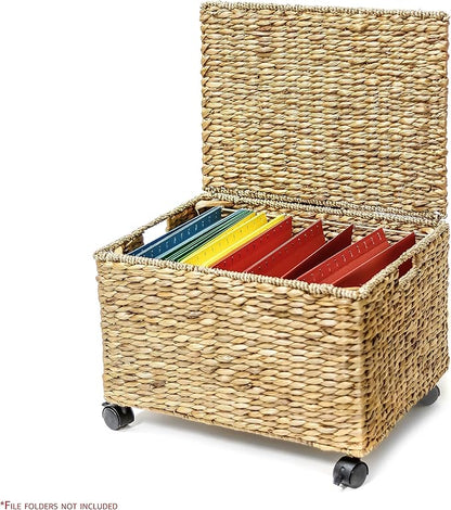 Trademark Innovations Rolling File Box Wicker File Cabinet Hanging File Baskets Water Hyacinth Storage Basket