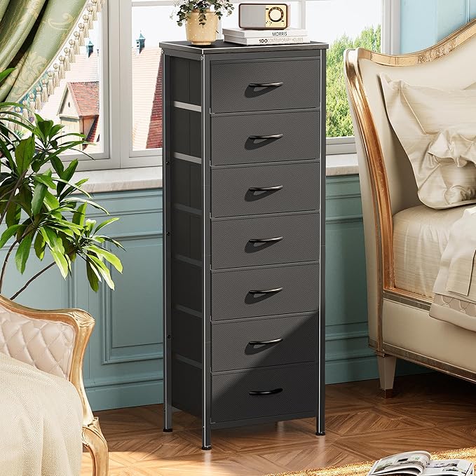 Huuger Tall Dresser for Bedroom, 7 Drawer Dresser & Chests of Drawers, Fabric Drawers for Closet, Bedroom, Night Stand, Metal Frame, Storage Tower with Fabric Bins, Black