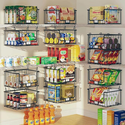 5-Tier Hanging Laundry Room Organizer with Label Cards, Foldable Wire Shelf Basket with 4 Rotating Hooks, Stacked Storage Rack for Laundry Rooms, Closet and Pantry, Black Metal