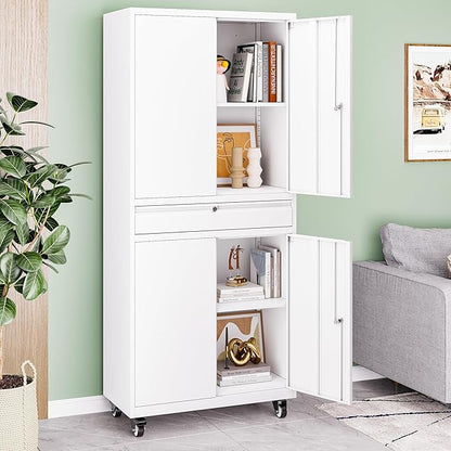 73" Metal Garage Storage Cabinet with Wheels， Rolling Tool Storage with Locking Doors， Adjustable Shelves and Drawer, Heavy Duty Steel Tool Cabinet for Garage, Warehouse, School(White)