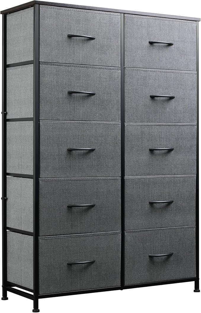 WLIVE Fabric Dresser for Bedroom, Tall Dresser with 10 Drawers, Clothes Dresser, Chest of Drawers for Closet, Living Room, Hallway, Dark Gray