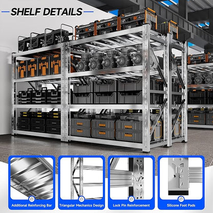 69" W Storage Shelves 4 Tier Stainless Steel Shelf 2200LBS Adjustable Shelf Storage Rack for Garage Supermarket Warehouse 69" Wx71 Hx24 D