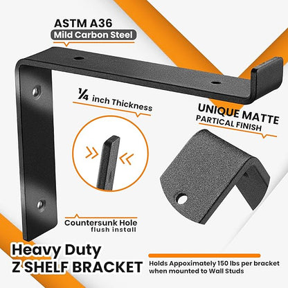 BATODA 8” Shelf Brackets with Lip (Match 7.25" Board) - 6 Pcs Z Shelf Bracket Black - Heavy Duty Hook Brackets for Shelves - Wall Mounted Support for DIY - Shelving Hardware Included (Pack 6)