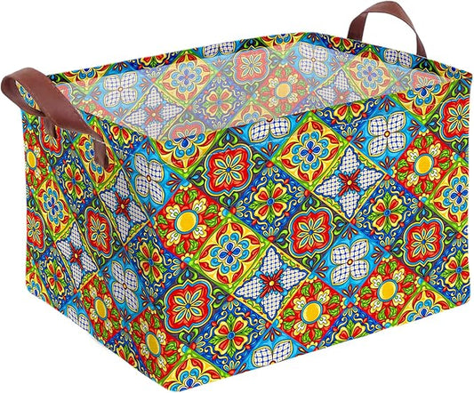 Mexican Talavera Decor Storage Basket Waterproof Canvas Toy Storage Bin Mexican Decor For Home Collapsible Outdoor Basket with Leather Handles Mexican Gifts Blanket Baskets For Closets,Bedrooms
