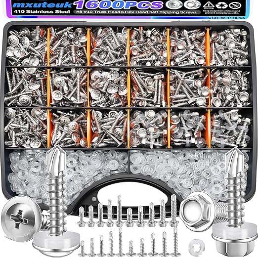 mxuteuk 1600PCS #8#10 Self Tapping Screws,410 Stainless Steel Self Drilling Screws for Metal,Truss Head & Hex Head 1/2" to1-1/4'' Self Tapping Screw for Plastic with 800PCS Washer